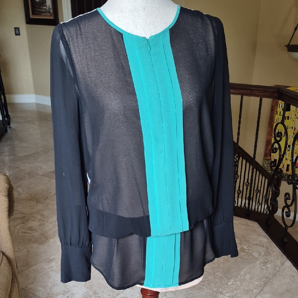 Vertigo Paris Black Sheer Blouse with Teal Front Panel